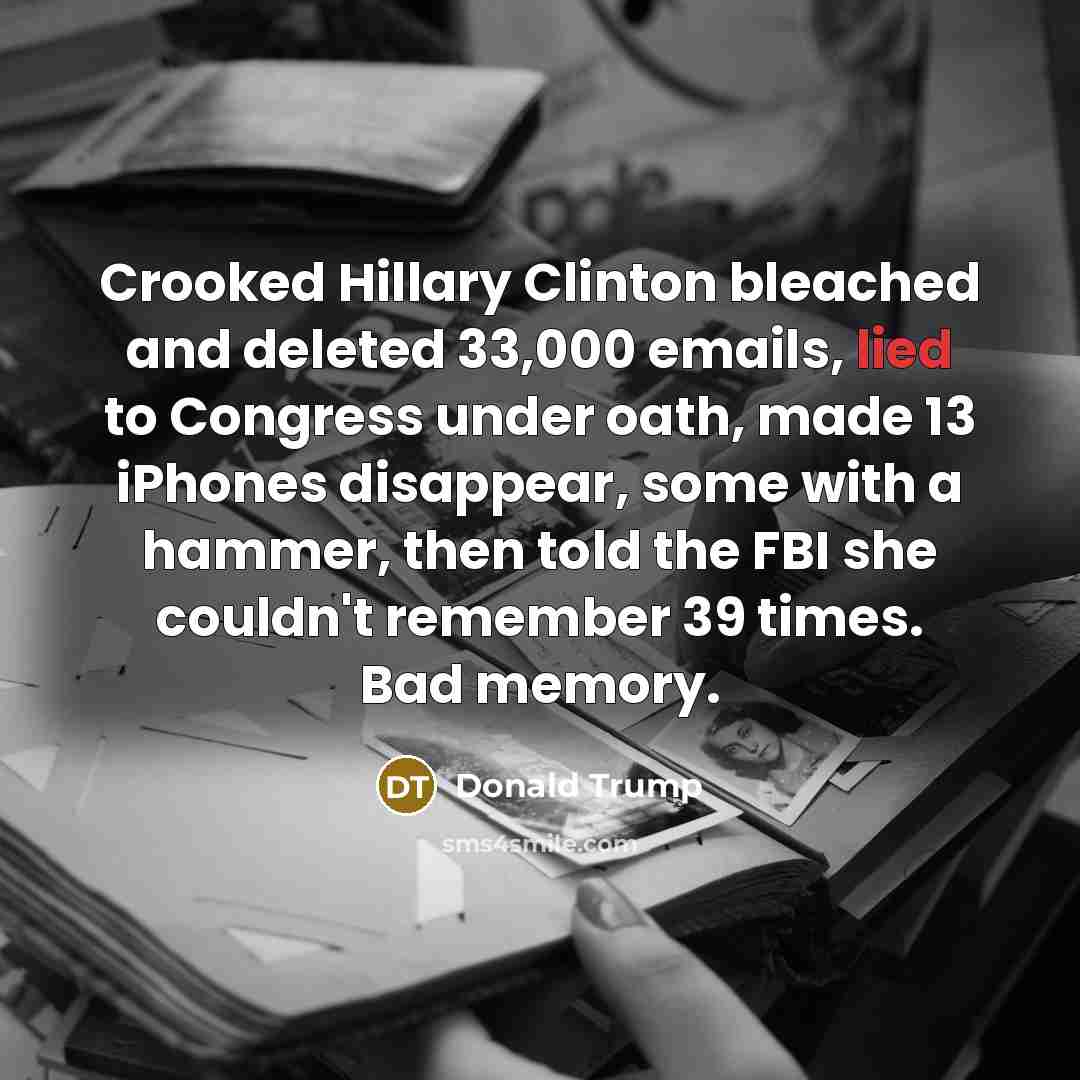 “Crooked Hillary Clinton bleached and deleted 33,000 emails, lied to…” quote by Donald Trump