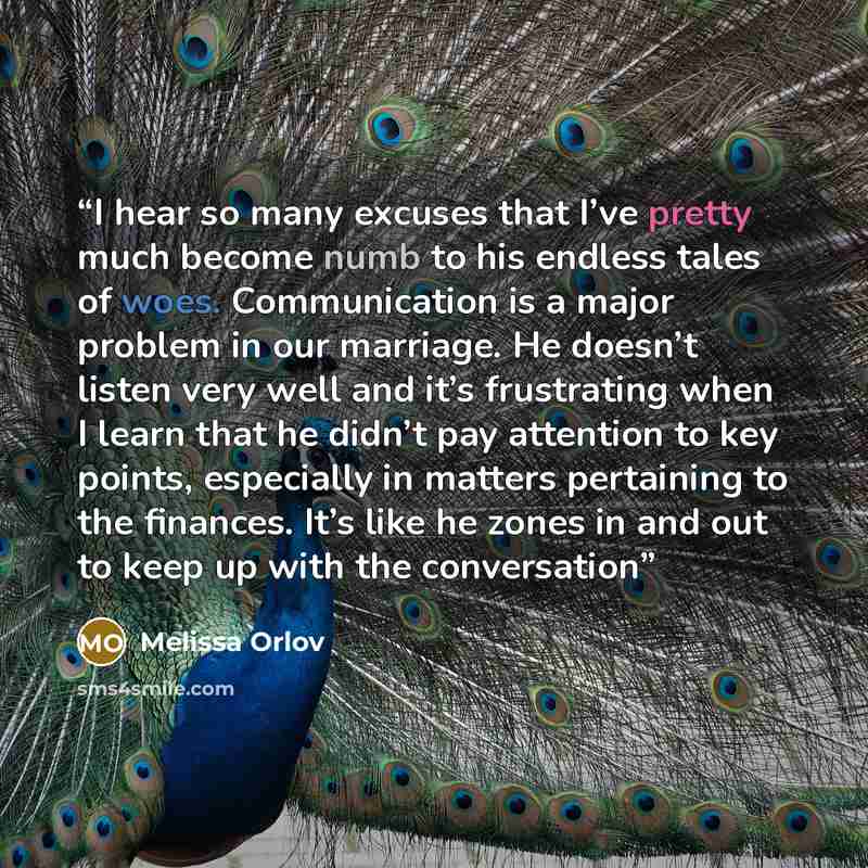 “I hear so many excuses that I’ve pretty much become numb to his endless tales of woes. Communication is a major problem in our marriage. He doesn’t listen very well and it’s frustrating when I learn that he didn’t pay attention to key points, especially in matters pertaining to the finances. It’s…” quote by Melissa Orlov