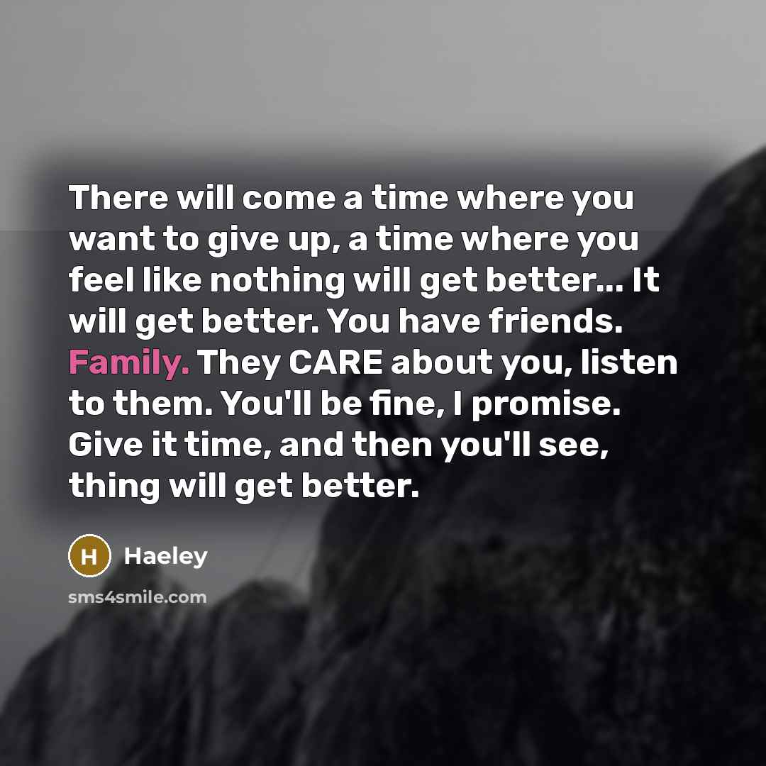 “There will come a time where you want to give up, a time where you feel like nothing will get better... It will get better. You have friends. Family. They CARE about you, listen to them. You'll be fine, I promise. Give it time, and then you'll see, thing will get better.” quote by Haeley