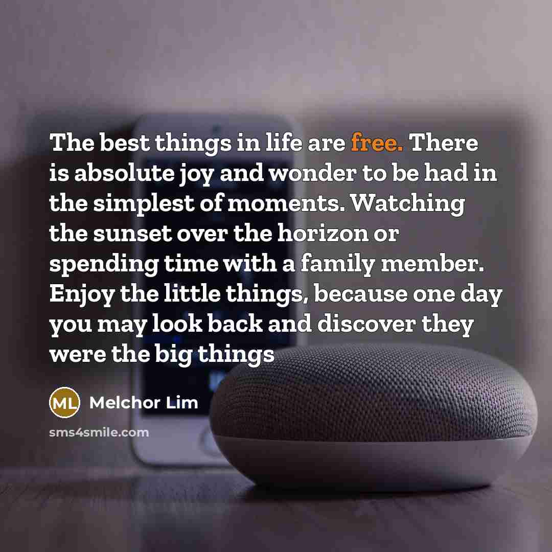 “The best things in life are free. There is absolute joy and wonder to be had in the simplest of moments. Watching the sunset over the horizon or spending time with a family member. Enjoy the little things, because one day you may look back and discover they were the big things” quote by Melchor Lim