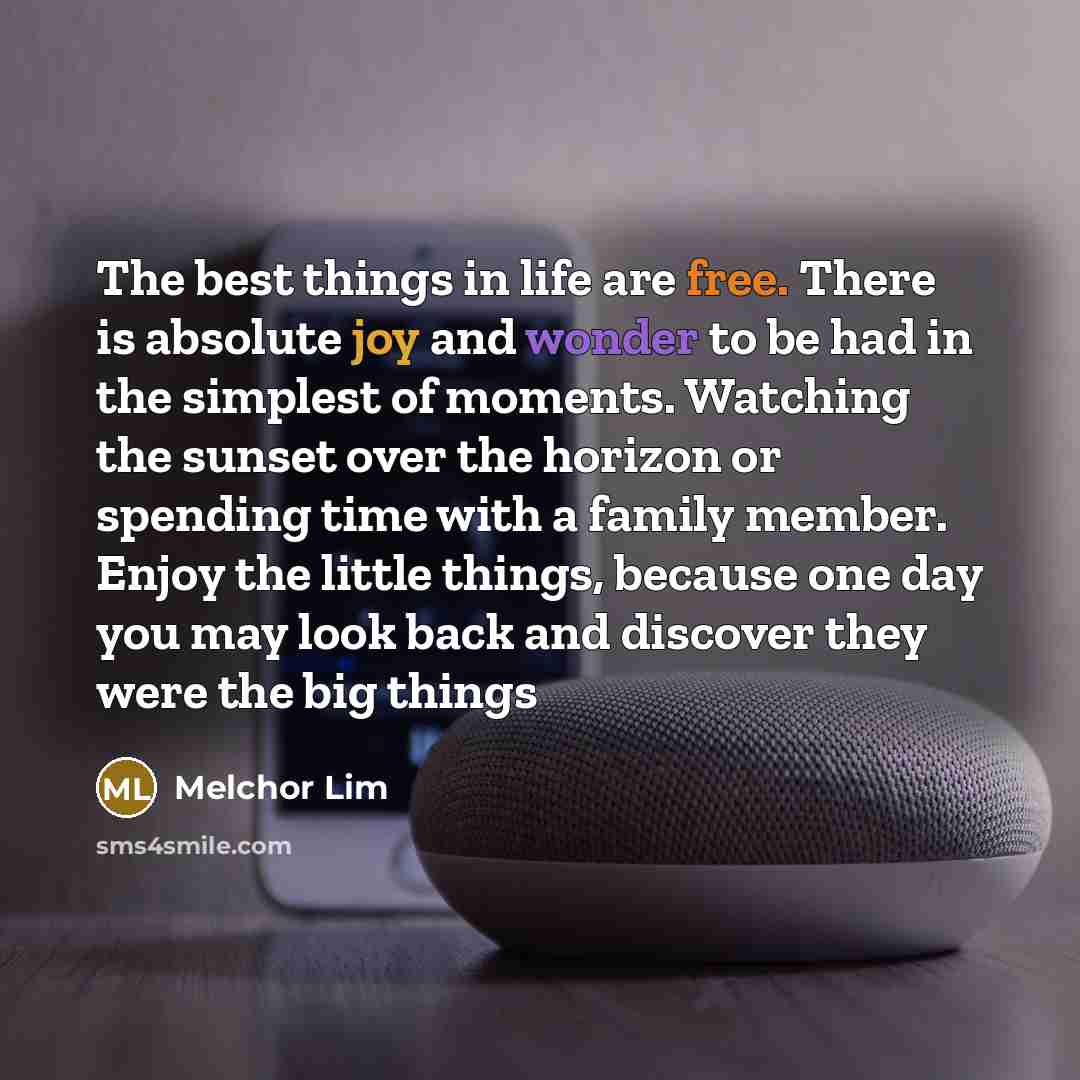 “The best things in life are free. There is absolute joy and wonder to be had in the simplest of moments. Watching the sunset over the horizon or spending time with a family member. Enjoy the little things, because one day you may look back and discover they were the big things” quote by Melchor Lim