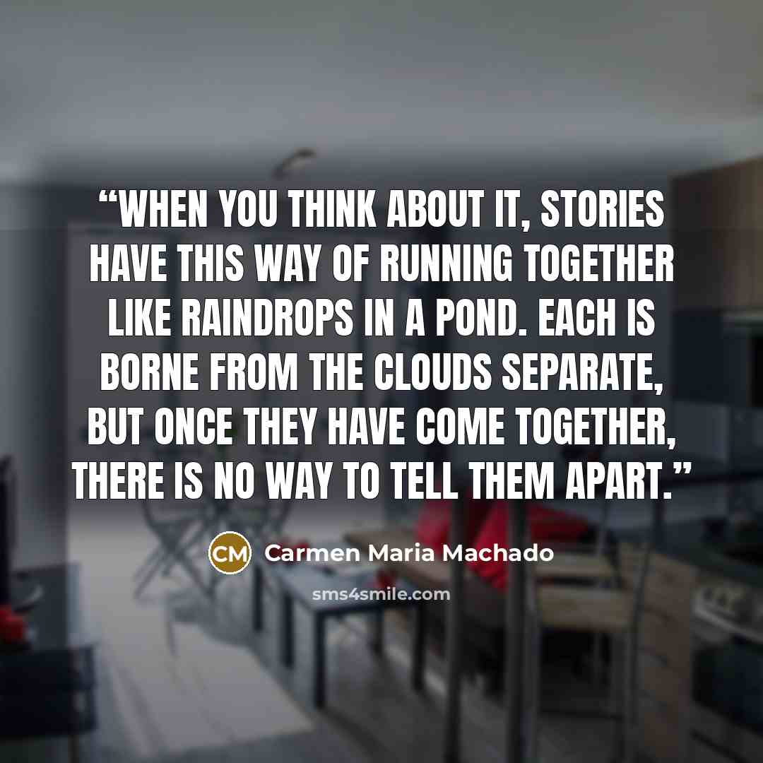 “When you think about it, stories have this way of running together like raindrops in a pond. Each is borne from the clouds separate, but once they have come together, there is no way to tell them apart.” quote by Carmen Maria Machado