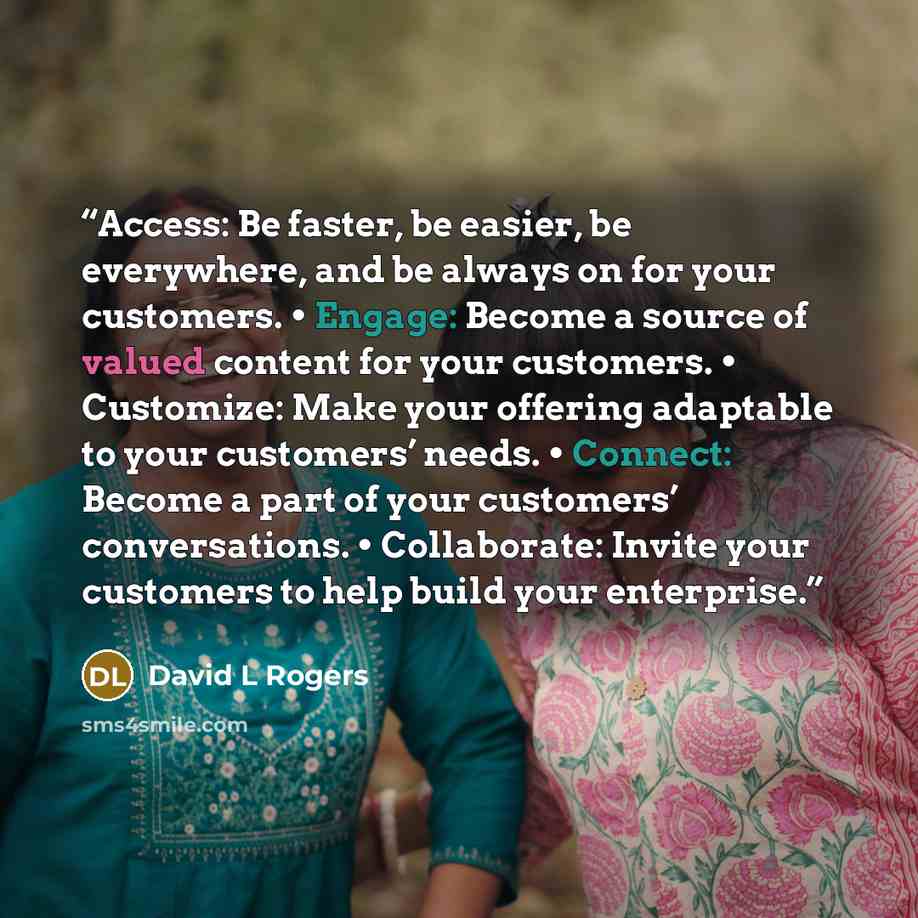 “Access: Be faster, be easier, be everywhere, and be always on for your customers. • Engage: Become a source of valued content for your customers. • Customize: Make your offering adaptable to your customers’ needs. • Connect: Become a part of your customers’ conversations. • Collaborate: Invite…” quote by David L Rogers