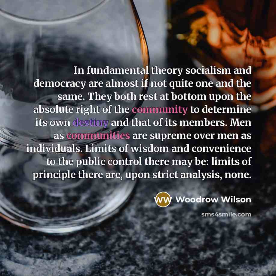 “In fundamental theory socialism and democracy are almost if not…” quote by Woodrow Wilson