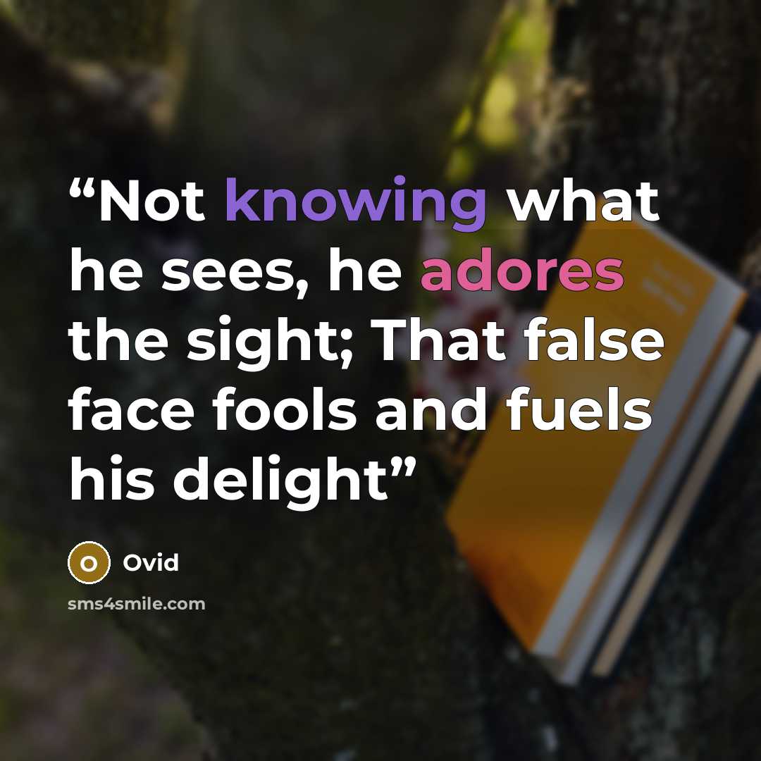 “Not knowing what he sees, he adores the sight; That false face fools and fuels his delight” quote by Ovid