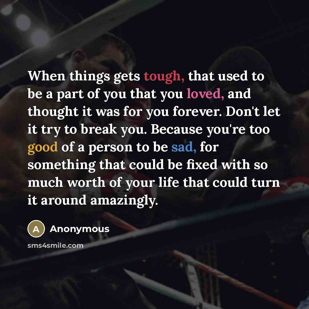 “When things gets tough, that used to be a part of you that you loved, and thought it was for you forever. Don't let it try to break you. Because you're too good of a person to be sad, for something that could be fixed with so much worth of your life that could turn it around amazingly.” quote by Anonymous