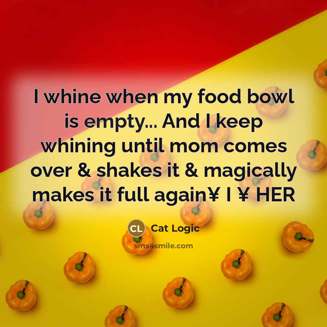 “I whine when my food bowl is empty... And I keep whining until mom comes over & shakes it & magically makes it full again¥ I ¥ HER” quote by Cat Logic