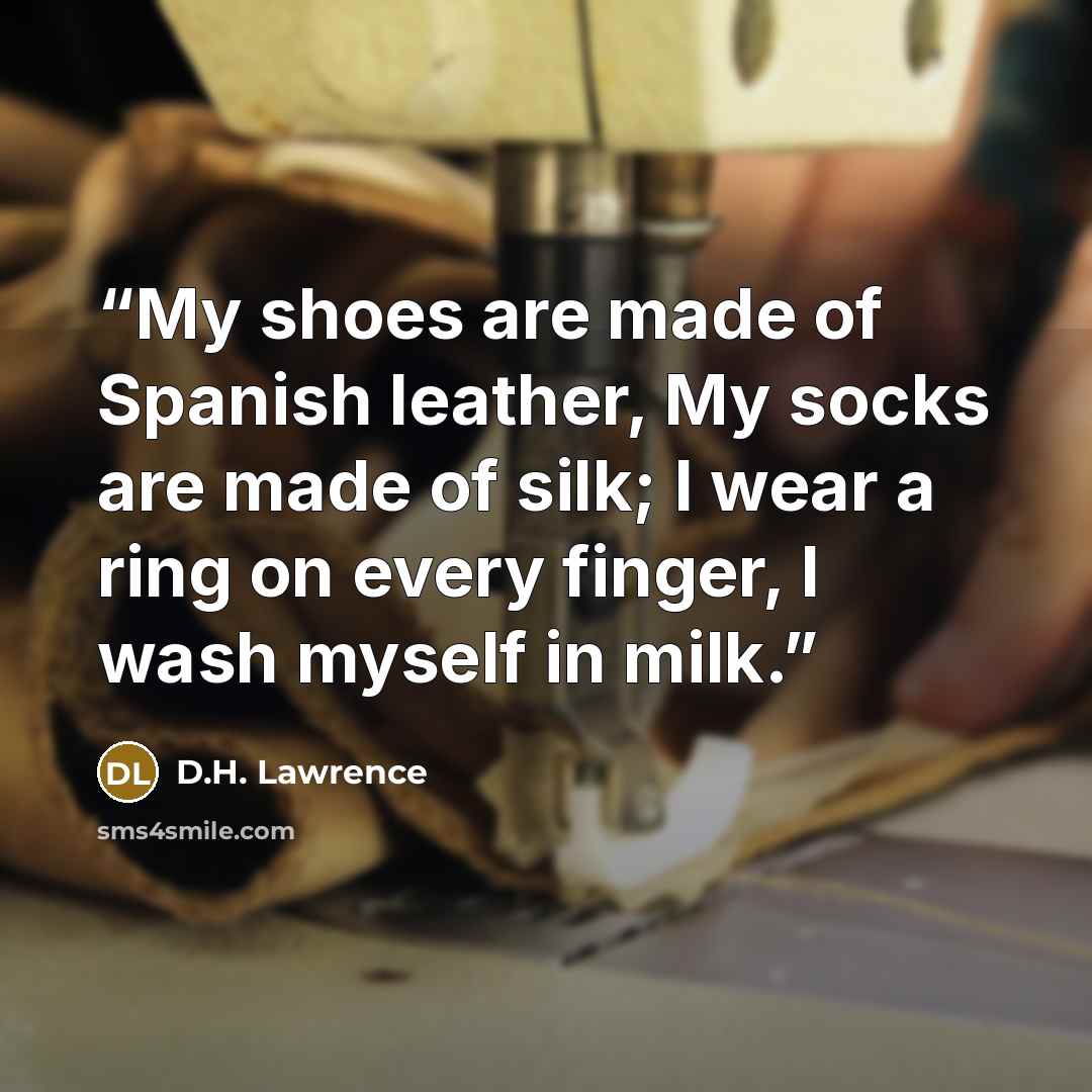 “My shoes are made of Spanish leather, My socks are made of silk; I wear a ring on every finger, I wash myself in milk.” quote by D.H. Lawrence