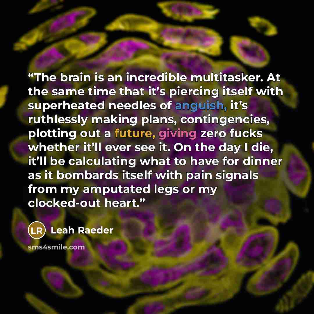 “The brain is an incredible multitasker. At the same time that it’s piercing itself with superheated needles of anguish, it’s ruthlessly making plans, contingencies, plotting out a future, giving zero fucks whether it’ll ever see it. On the day I die, it’ll be calculating what to have for dinner as…” quote by Leah Raeder