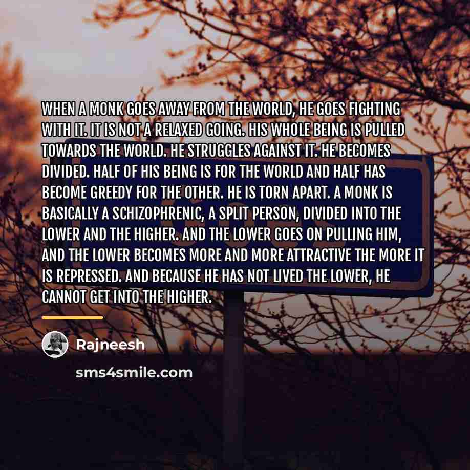 “When a monk goes away from the world, he goes…” quote by Rajneesh