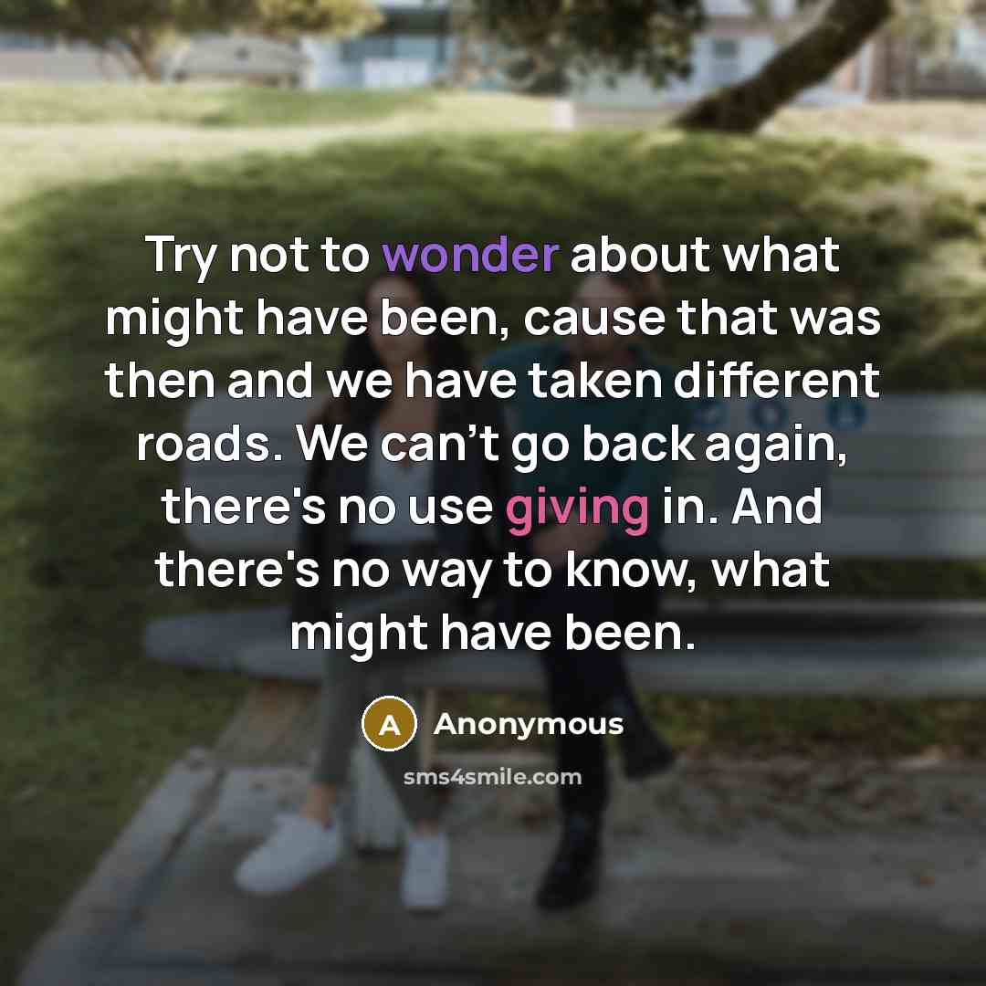 “Try not to wonder about what might have been, cause that was then and we have taken different roads. We can't go back again, there's no use giving in. And there's no way to know, what might have been.” quote by Anonymous