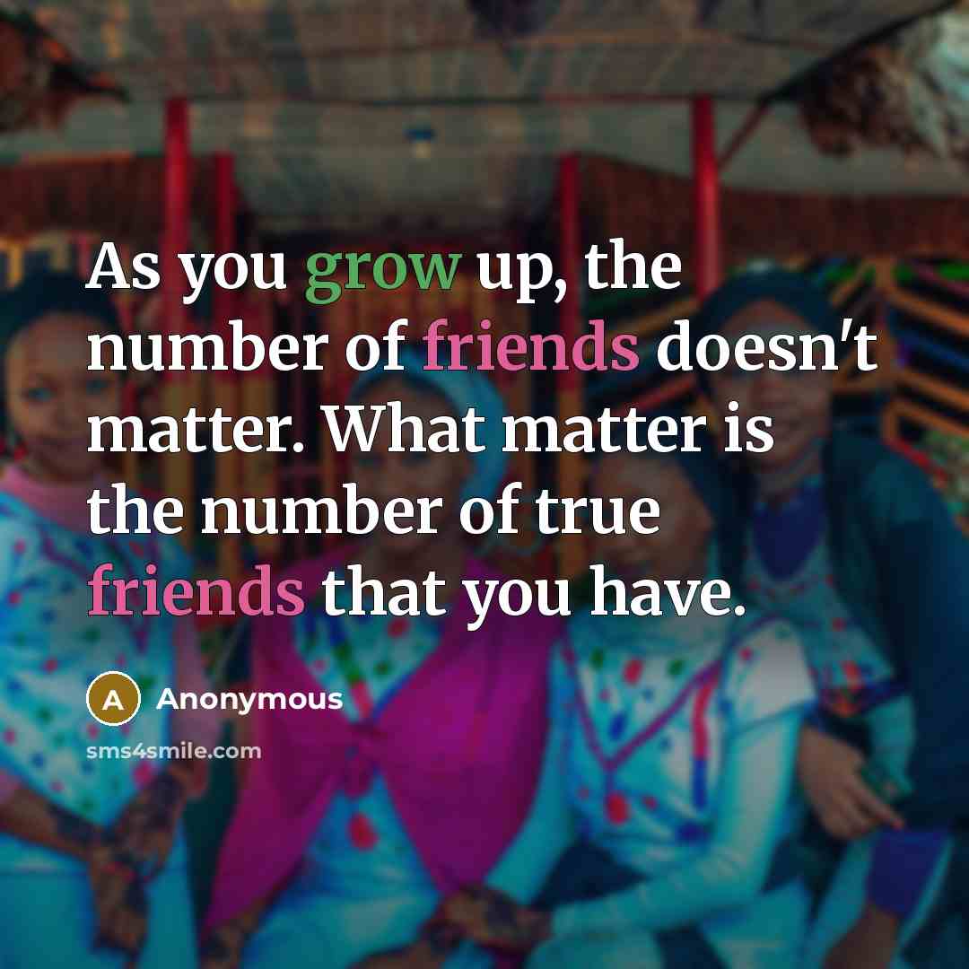 “As you grow up, the number of friends doesn't matter. What matter is the number of true friends that you have.” quote by Anonymous