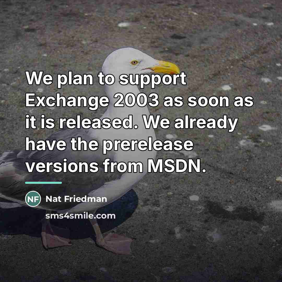 “We plan to support Exchange 2003 as soon as it…” quote by Nat Friedman