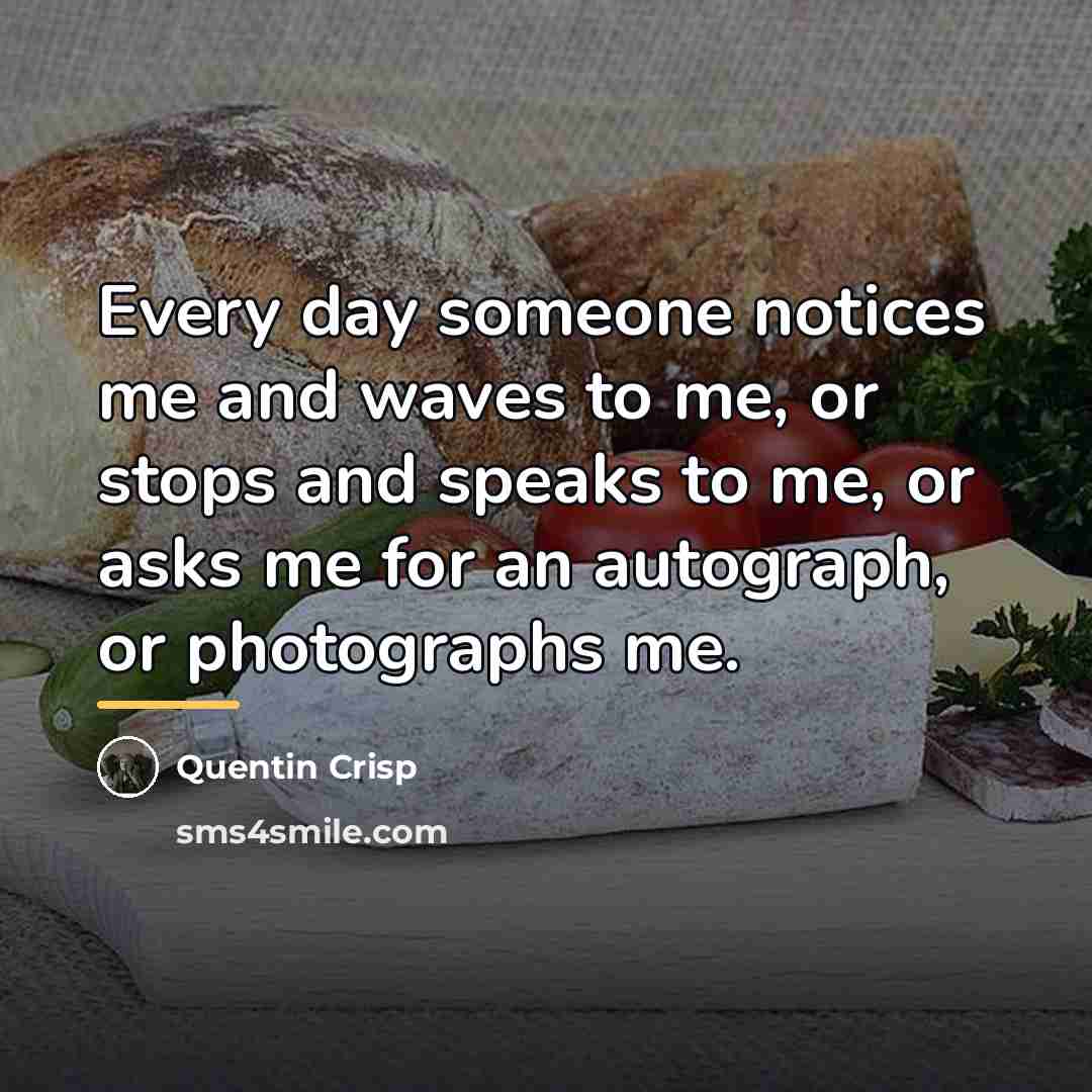 “Every day someone notices me and waves to me, or…” quote by Quentin Crisp