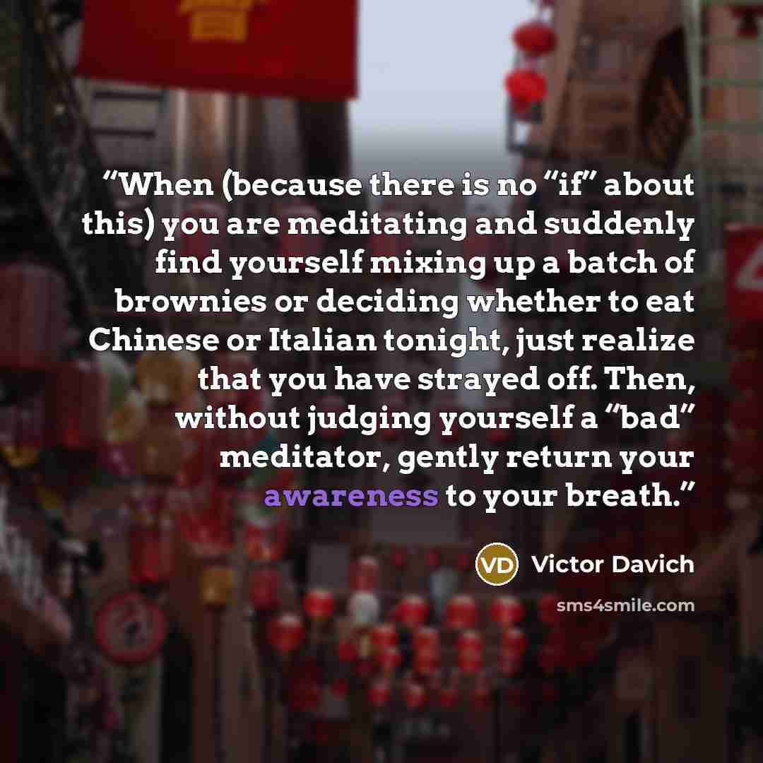 “When (because there is no “if” about this) you are meditating and suddenly find yourself mixing up a batch of brownies or deciding whether to eat Chinese or Italian tonight, just realize that you have strayed off. Then, without judging yourself a “bad” meditator, gently return your awareness to…” quote by Victor Davich