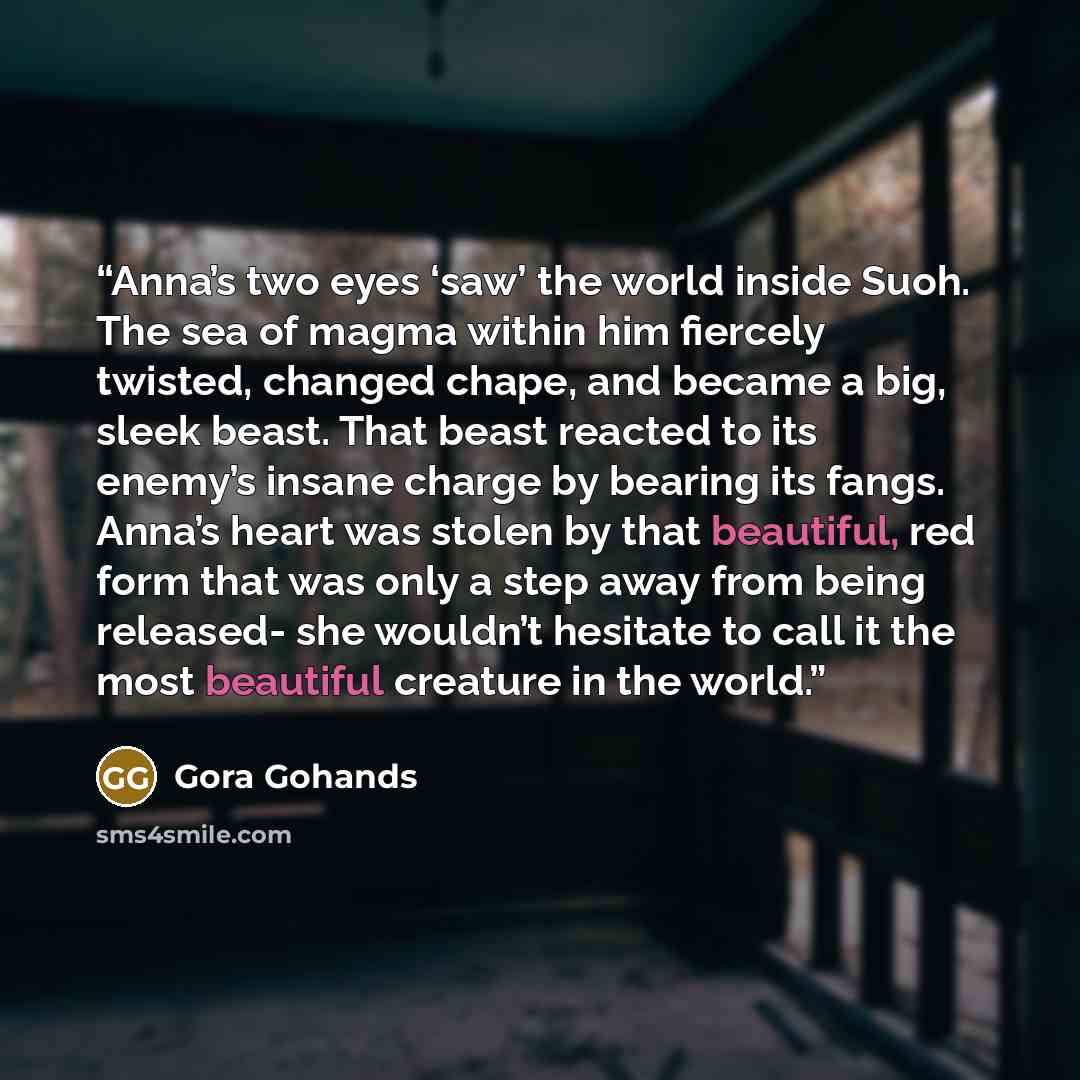 “Anna’s two eyes ‘saw’ the world inside Suoh. The sea of magma within him fiercely twisted, changed chape, and became a big, sleek beast. That beast reacted to its enemy’s insane charge by bearing its fangs. Anna’s heart was stolen by that beautiful, red form that was only a step away from being…” quote by Gora Gohands