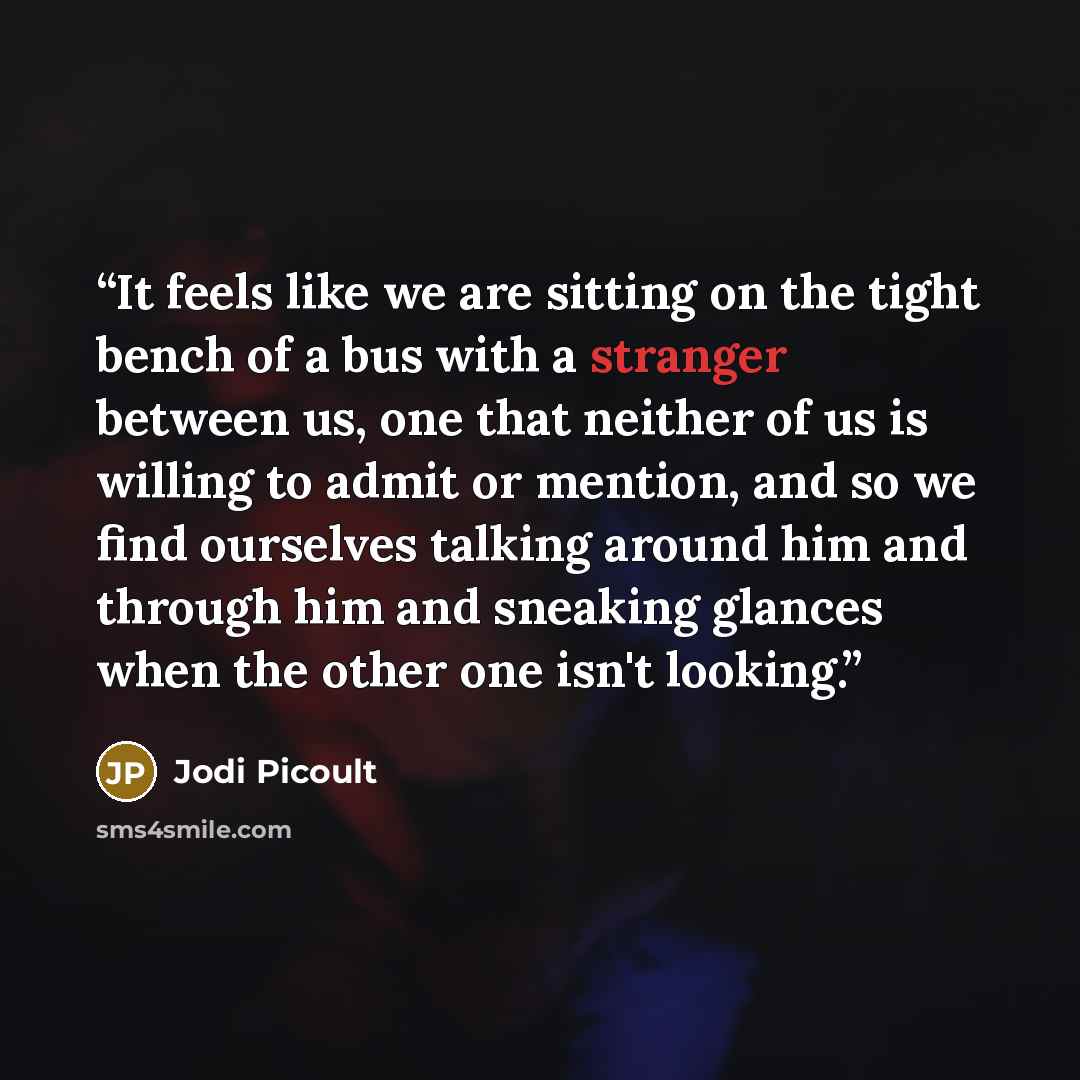 “It feels like we are sitting on the tight bench of a bus with a stranger between us, one that neither of us is willing to admit or mention, and so we find ourselves talking around him and through him and sneaking glances when the other one isn't looking.” quote by Jodi Picoult