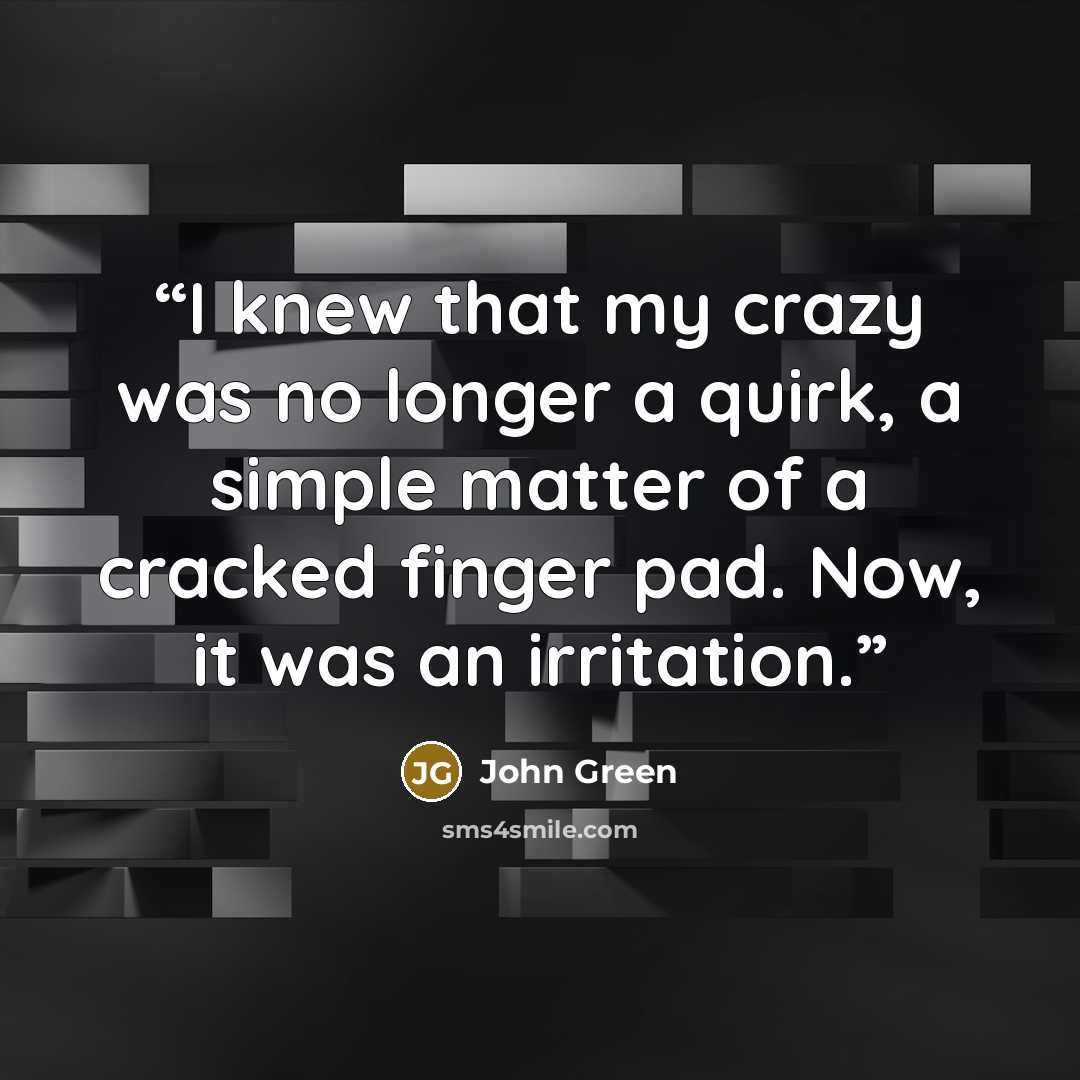 “I knew that my crazy was no longer a quirk, a simple matter of a cracked finger pad. Now, it was an irritation.” quote by John Green