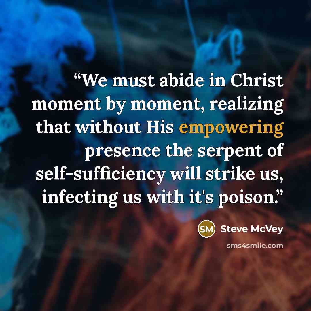 “We must abide in Christ moment by moment, realizing that without His empowering presence the serpent of self-sufficiency will strike us, infecting us with it's poison.” quote by Steve McVey