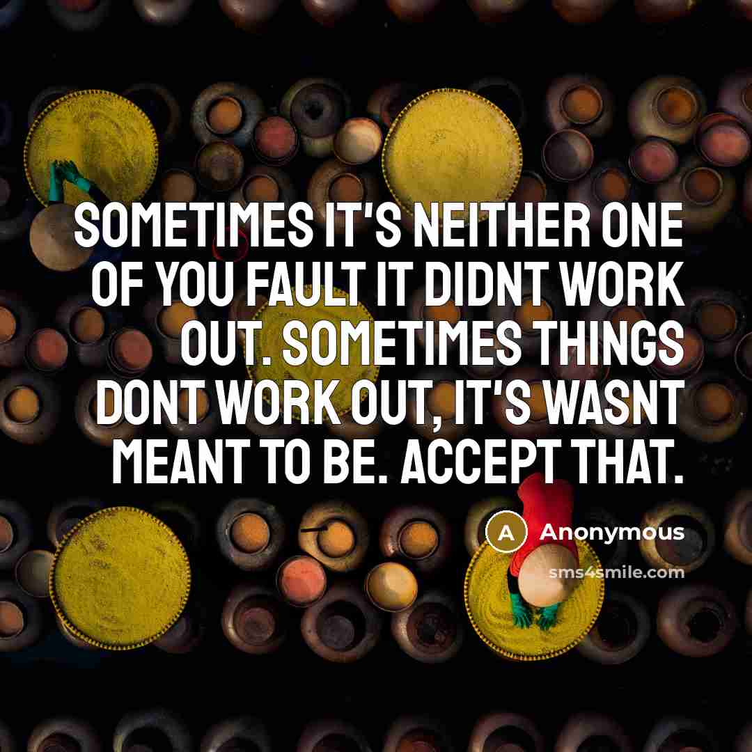 “Sometimes it's neither one of you fault it didnt work out. Sometimes things dont work out, it's wasnt meant to be. Accept that.” quote by Anonymous