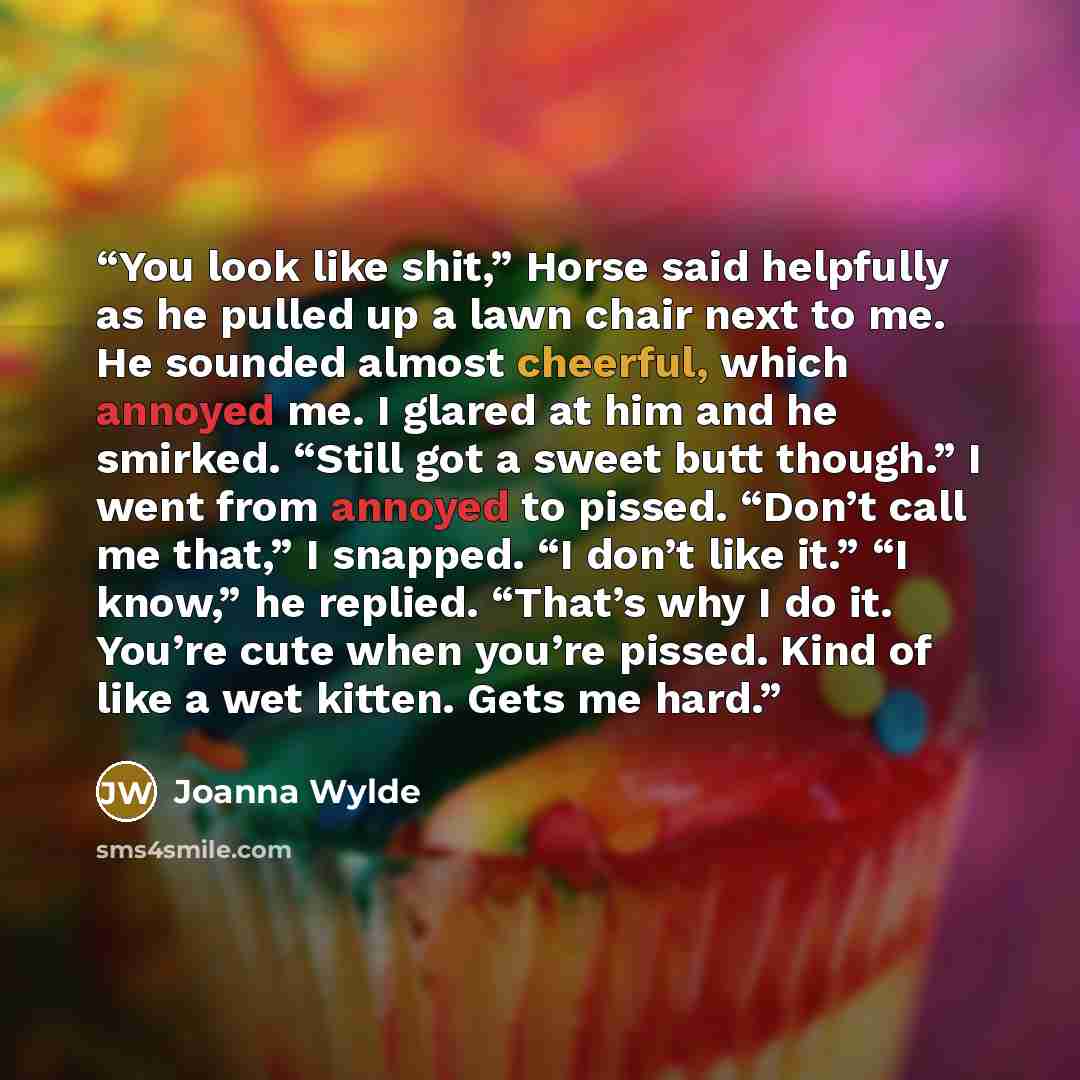 “You look like shit,” Horse said helpfully as he pulled up a lawn chair next to me. He sounded almost cheerful, which annoyed me. I glared at him and he smirked. “Still got a sweet butt though.” I went from annoyed to pissed. “Don’t call me that,” I snapped. “I don’t like it.” “I know,” he replied…” quote by Joanna Wylde