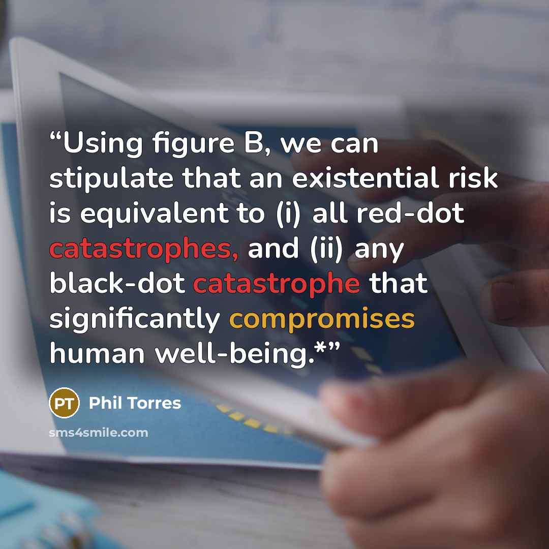 “Using figure B, we can stipulate that an existential risk is equivalent to (i) all red-dot catastrophes, and (ii) any black-dot catastrophe that significantly compromises human well-being.*” quote by Phil Torres