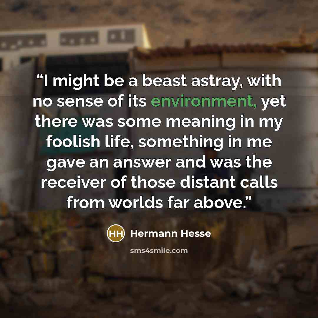 “I might be a beast astray, with no sense of its environment, yet there was some meaning in my foolish life, something in me gave an answer and was the receiver of those distant calls from worlds far above.” quote by hermann hesse