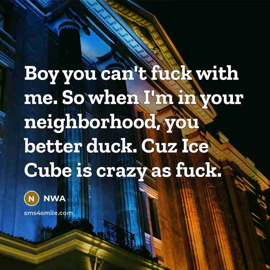 “Boy you can't fuck with me. So when I'm in your neighborhood, you better duck. Cuz Ice Cube is crazy as fuck.” quote by NWA