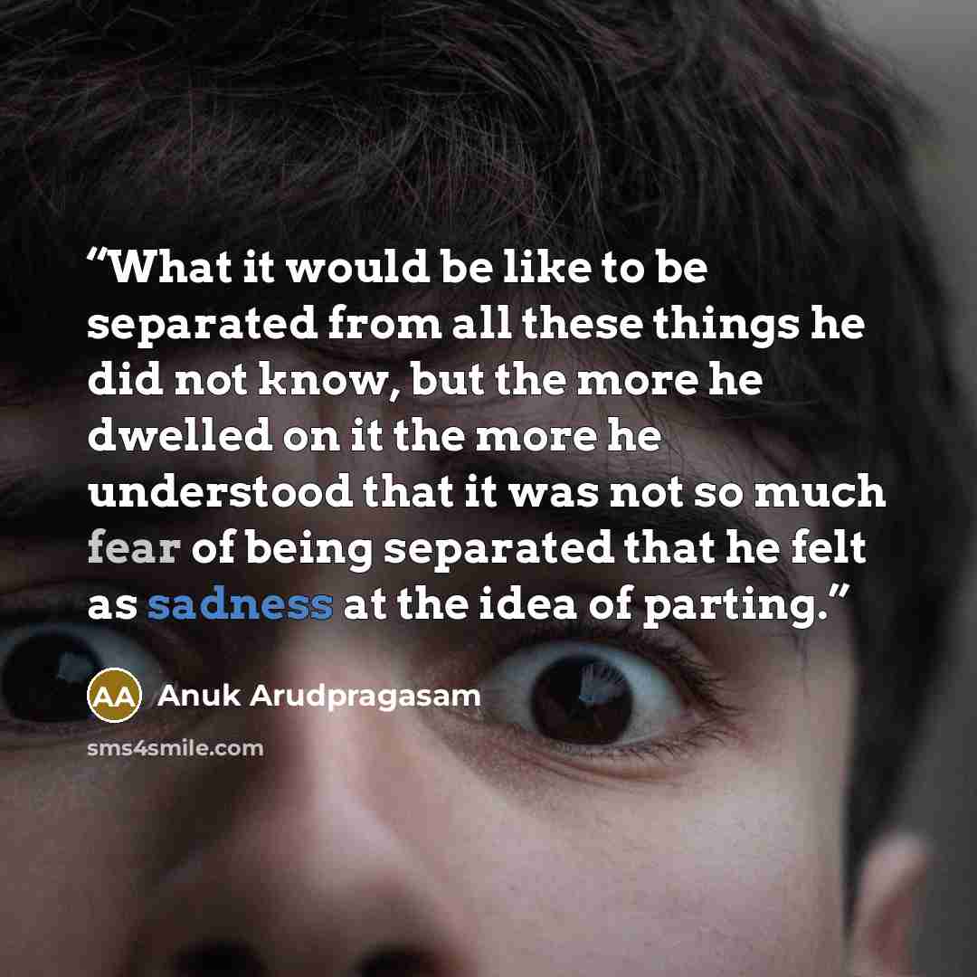 “What it would be like to be separated from all these things he did not know, but the more he dwelled on it the more he understood that it was not so much fear of being separated that he felt as sadness at the idea of parting.” quote by Anuk Arudpragasam