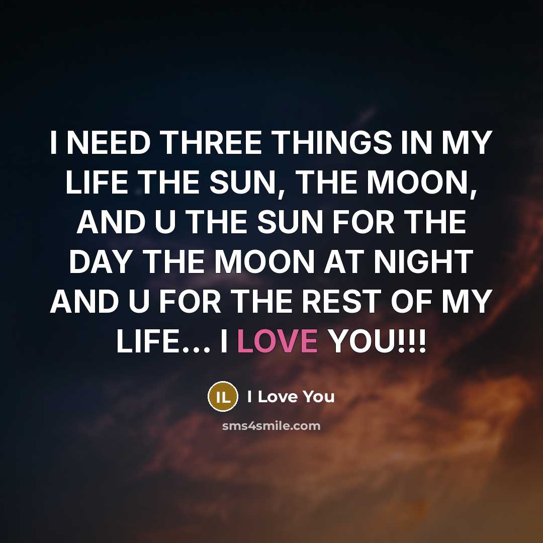 “I NEED THREE THINGS IN MY LIFE THE SUN, THE MOON, AND U THE SUN FOR THE DAY THE MOON AT NIGHT AND U FOR THE REST OF MY LIFE... I LOVE YOU!!!” quote by I LOVE YOU