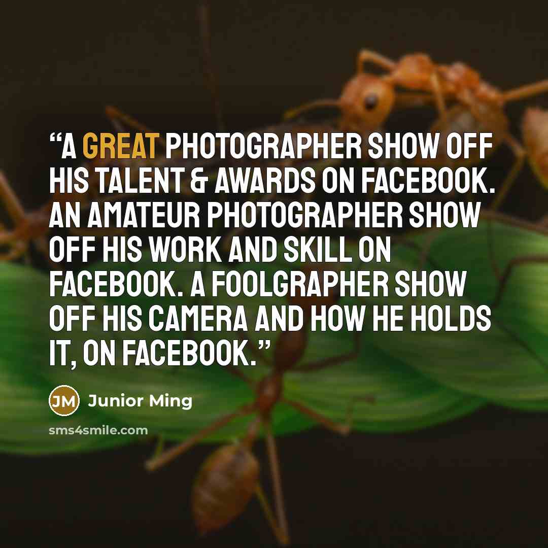 “A great photographer show off his talent & awards on facebook. An amateur photographer show off his work and skill on facebook. A foolgrapher show off his camera and how he holds it, on facebook.” quote by Junior Ming