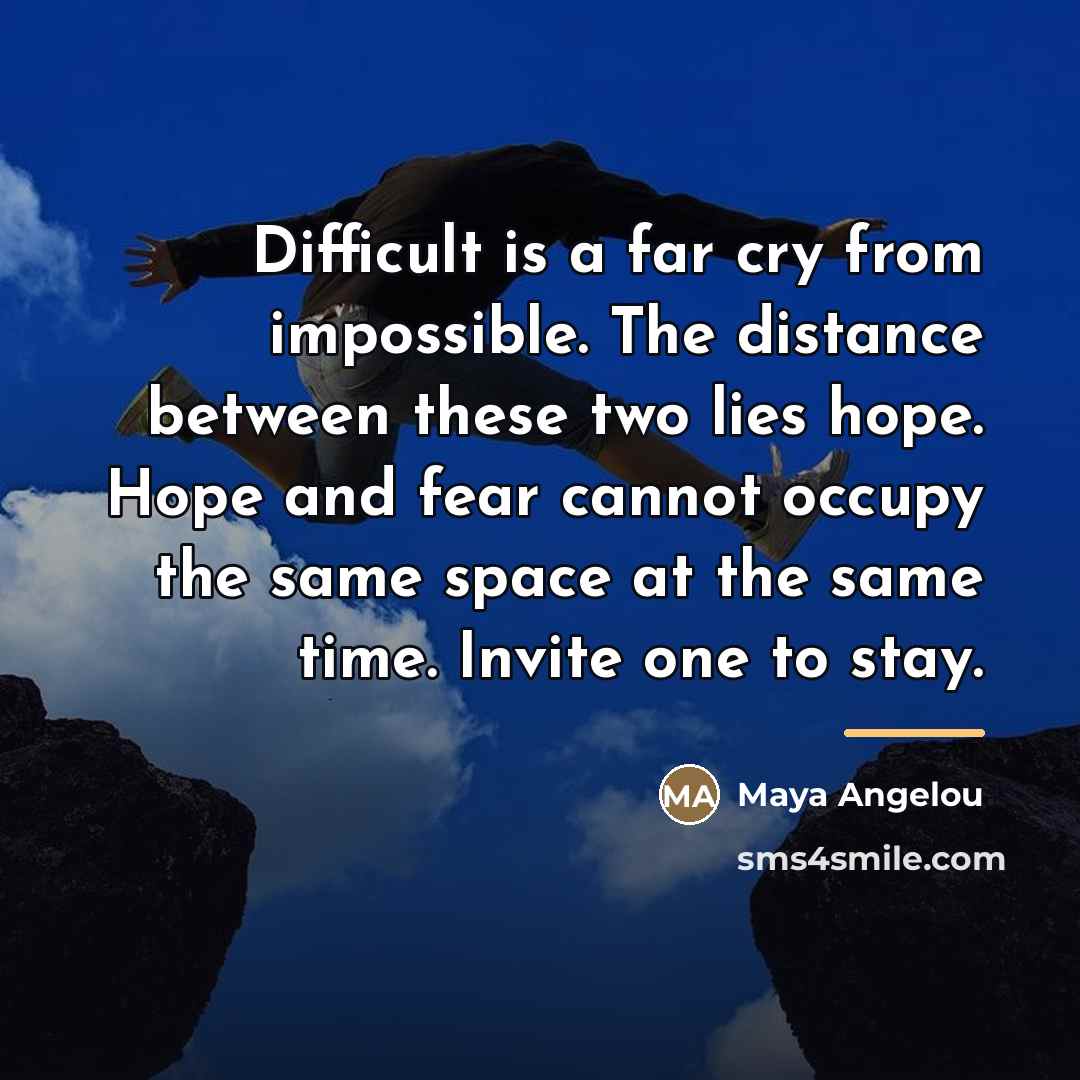 “Difficult is a far cry from impossible. The distance between…” quote by Maya Angelou