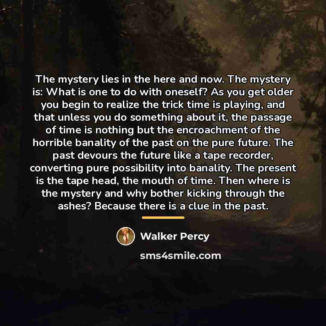 “The mystery lies in the here and now. The mystery…” quote by Walker Percy