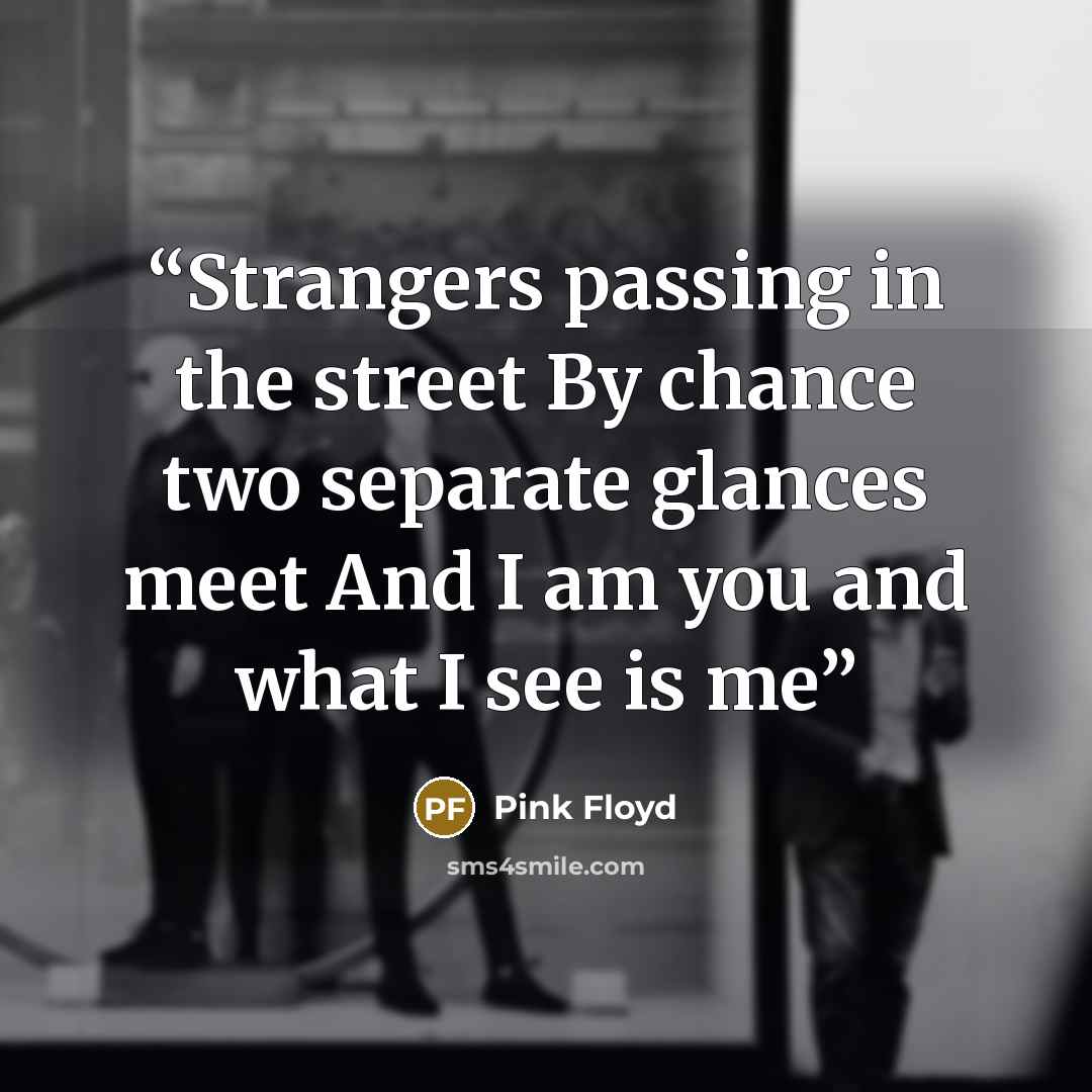 “Strangers passing in the street By chance two separate glances meet And I am you and what I see is me” quote by Pink Floyd