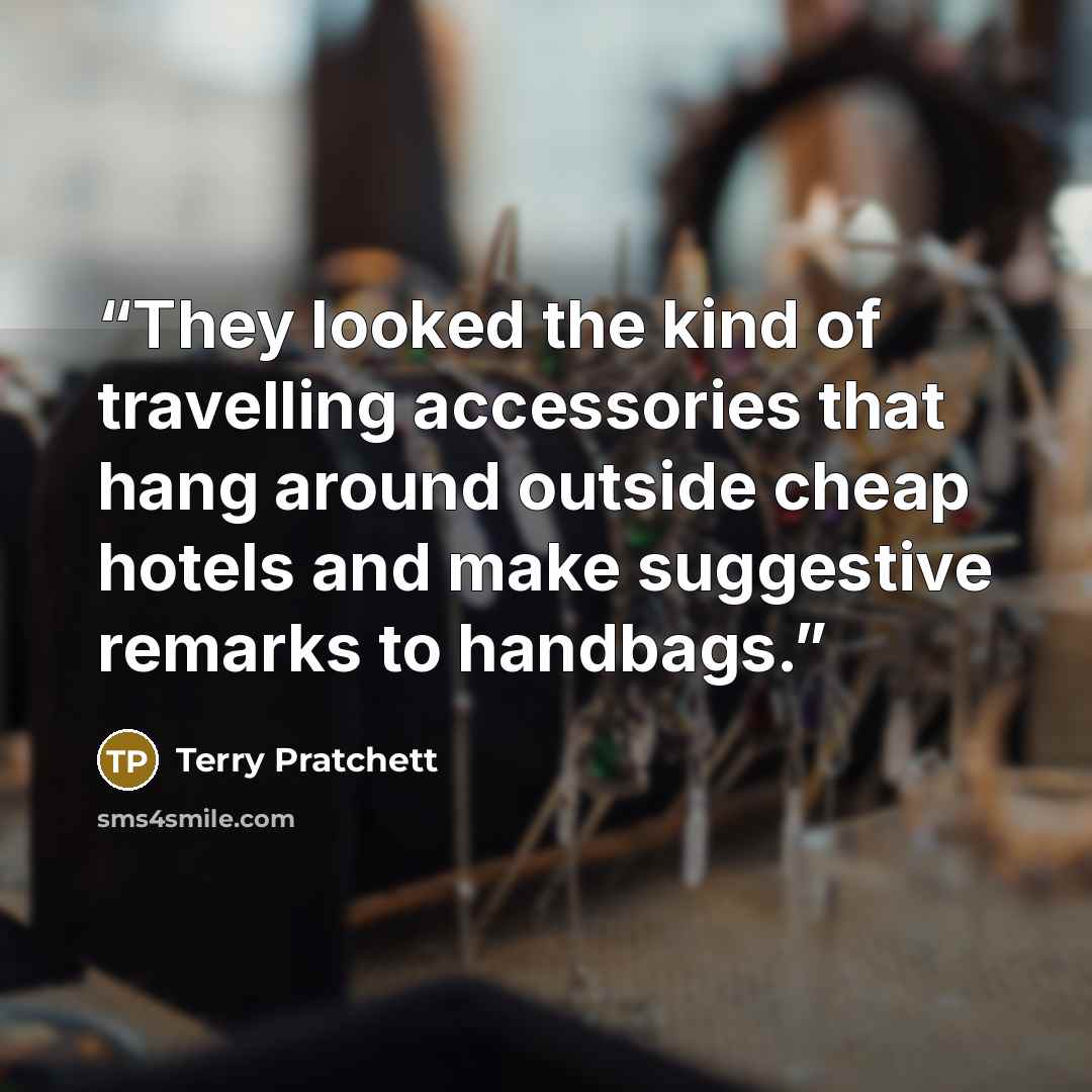 “They looked the kind of travelling accessories that hang around outside cheap hotels and make suggestive remarks to handbags.” quote by Terry Pratchett