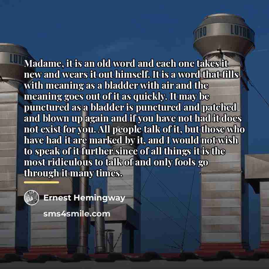 “Madame, it is an old word and each one takes…” quote by Ernest Hemingway