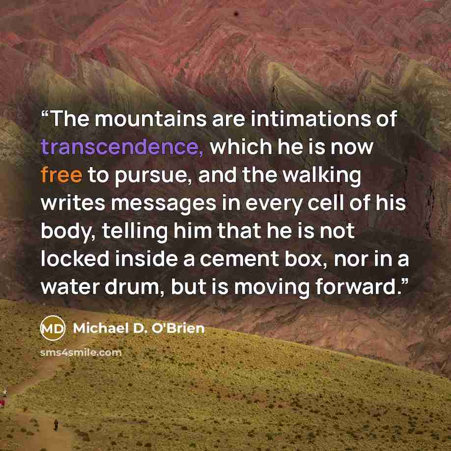 “The mountains are intimations of transcendence, which he is now free to pursue, and the walking writes messages in every cell of his body, telling him that he is not locked inside a cement box, nor in a water drum, but is moving forward.” quote by Michael D. O'Brien