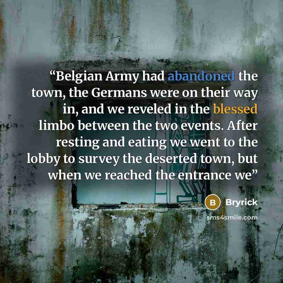 “Belgian Army had abandoned the town, the Germans were on their way in, and we reveled in the blessed limbo between the two events. After resting and eating we went to the lobby to survey the deserted town, but when we reached the entrance we” quote by Bryrick
