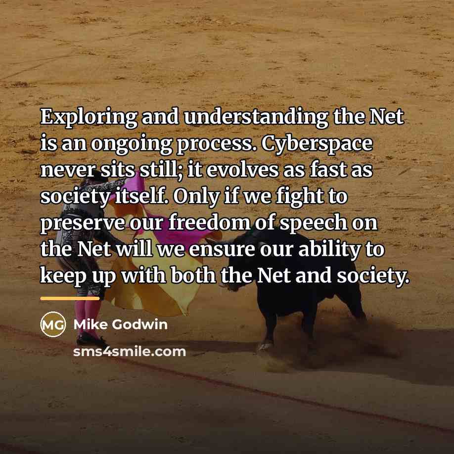 “Exploring and understanding the Net is an ongoing process. Cyberspace…” quote by Mike Godwin