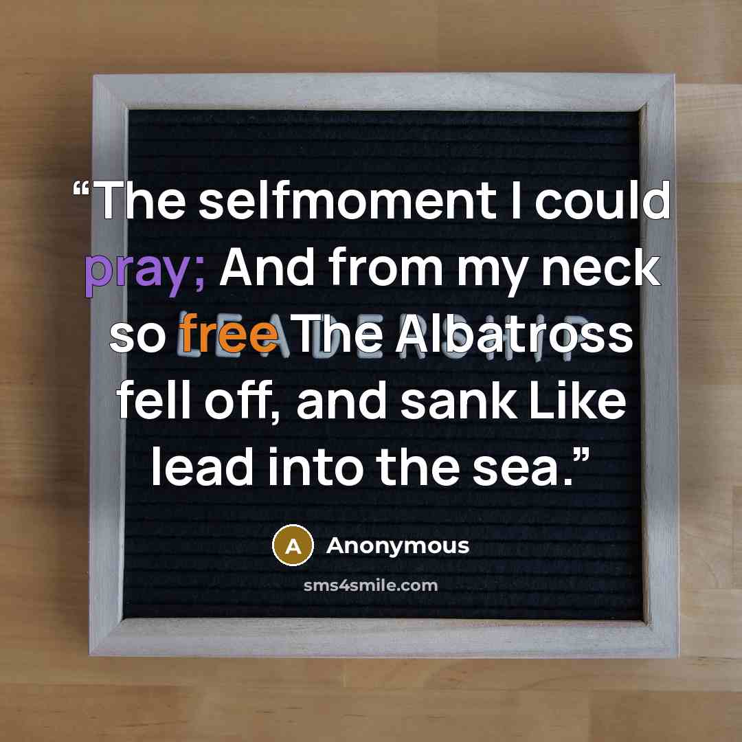 “The selfmoment I could pray; And from my neck so free The Albatross fell off, and sank Like lead into the sea.” quote by Anonymous