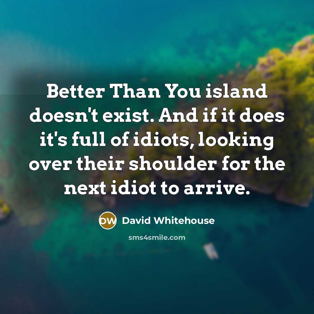 “Better Than You island doesn't exist. And if it does it's full of idiots, looking over their shoulder for the next idiot to arrive.” quote by David Whitehouse