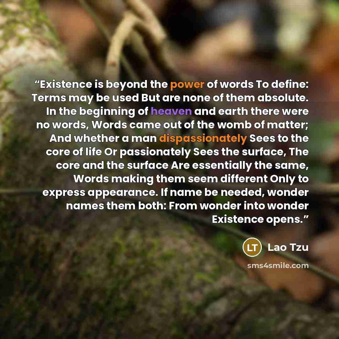 “Existence is beyond the power of words To define: Terms may be used But are none of them absolute. In the beginning of heaven and earth there were no words, Words came out of the womb of matter; And whether a man dispassionately Sees to the core of life Or passionately Sees the surface, The core…” quote by Lao Tzu