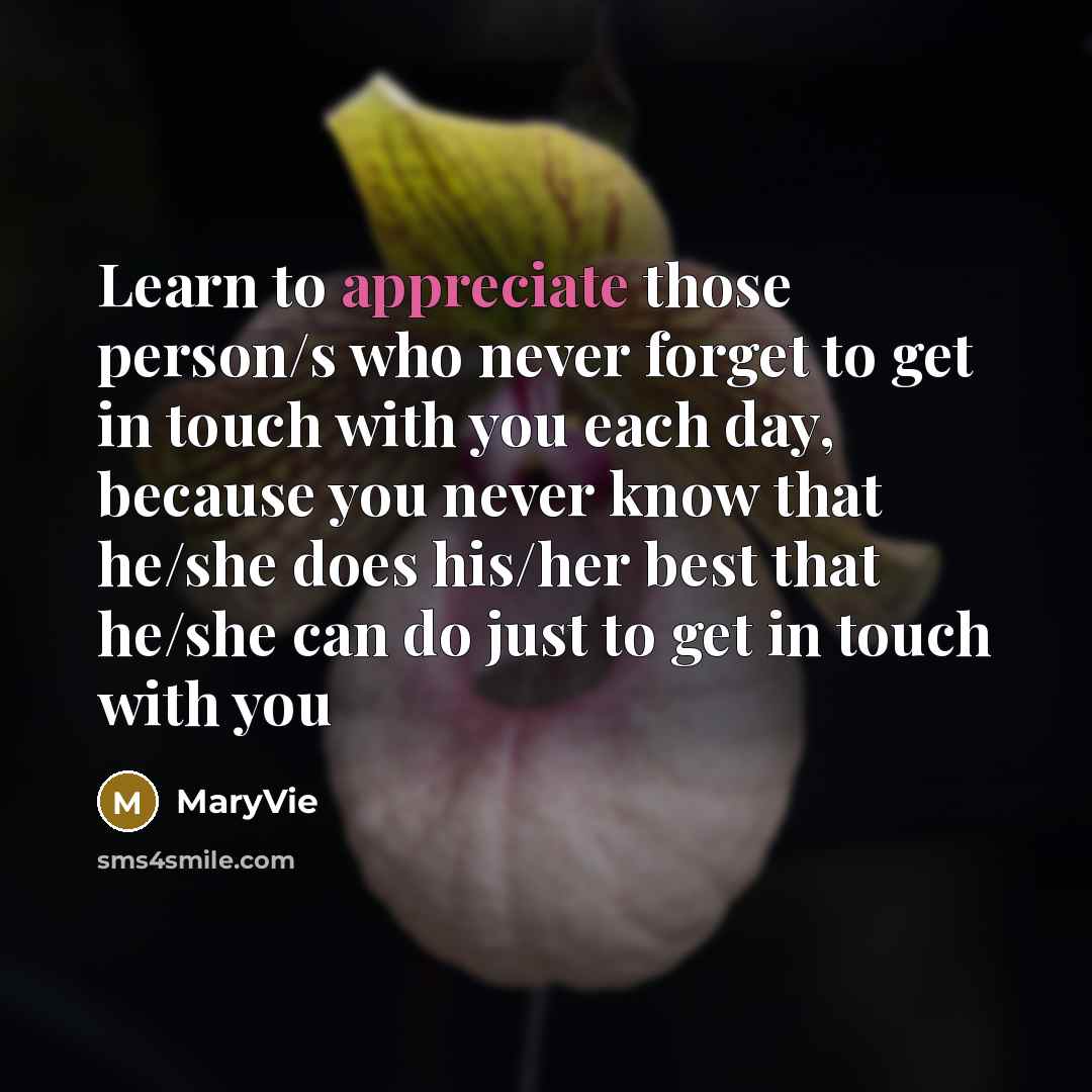 “Learn to appreciate those person/s who never forget to get in touch with you each day, because you never know that he/she does his/her best that he/she can do just to get in touch with you” quote by MaryVie