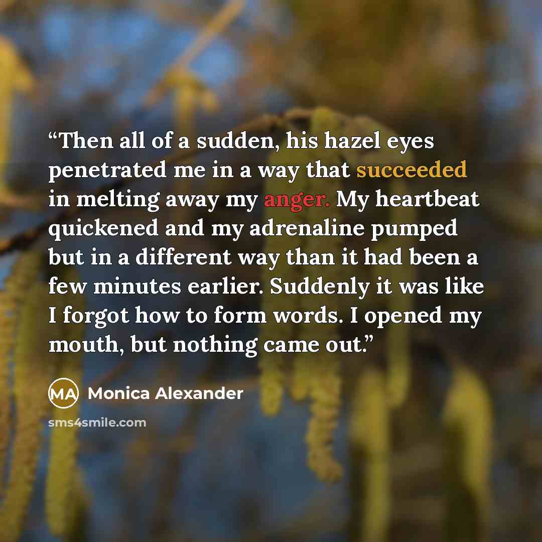 “Then all of a sudden, his hazel eyes penetrated me in a way that succeeded in melting away my anger. My heartbeat quickened and my adrenaline pumped but in a different way than it had been a few minutes earlier. Suddenly it was like I forgot how to form words. I opened my mouth, but nothing came…” quote by Monica Alexander