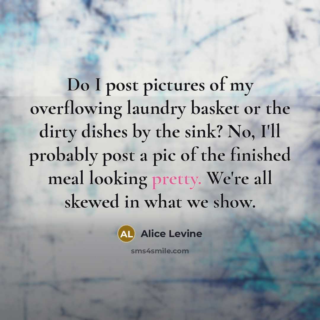 “Do I post pictures of my overflowing laundry basket or…” quote by Alice Levine