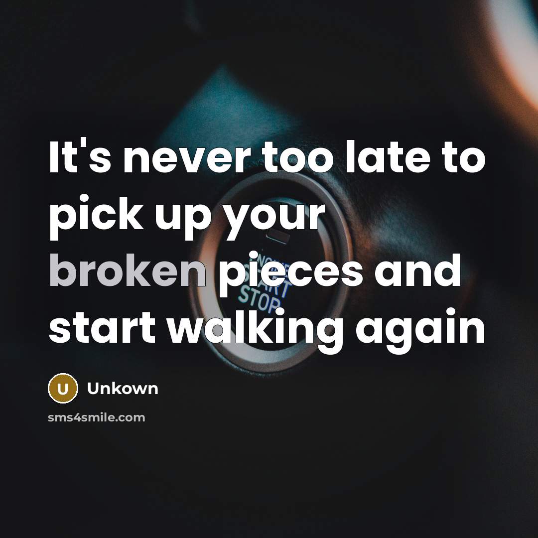 “It's never too late to pick up your broken pieces and start walking again” quote by Unkown
