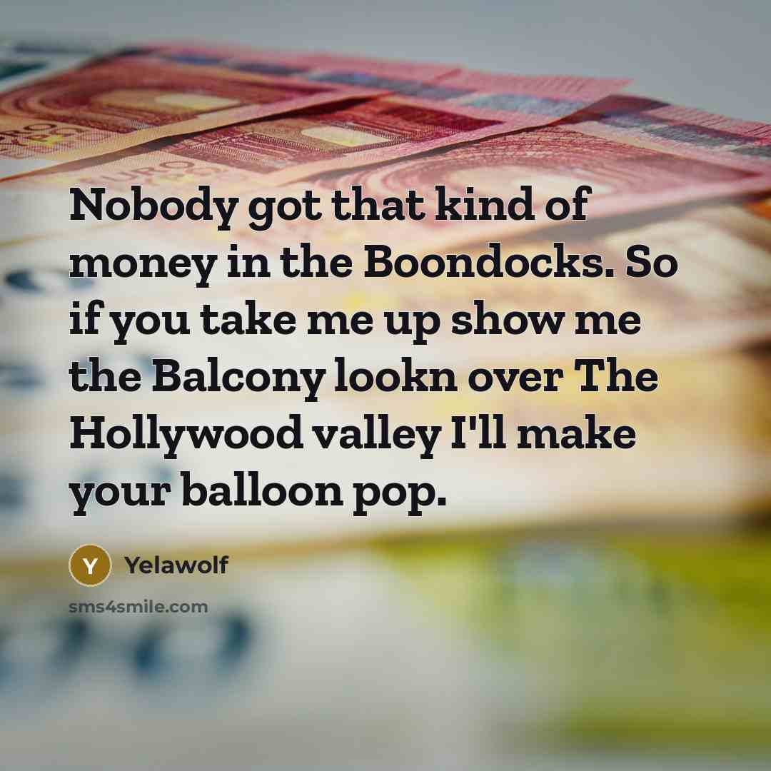 “Nobody got that kind of money in the Boondocks. So if you take me up show me the Balcony lookn over The Hollywood valley I'll make your balloon pop.” quote by Yelawolf