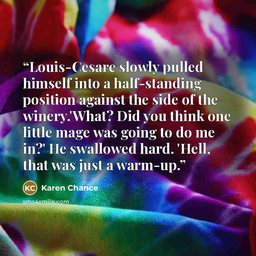 “Louis-Cesare slowly pulled himself into a half-standing position against the side of the winery.'What? Did you think one little mage was going to do me in?' He swallowed hard. 'Hell, that was just a warm-up.” quote by Karen Chance