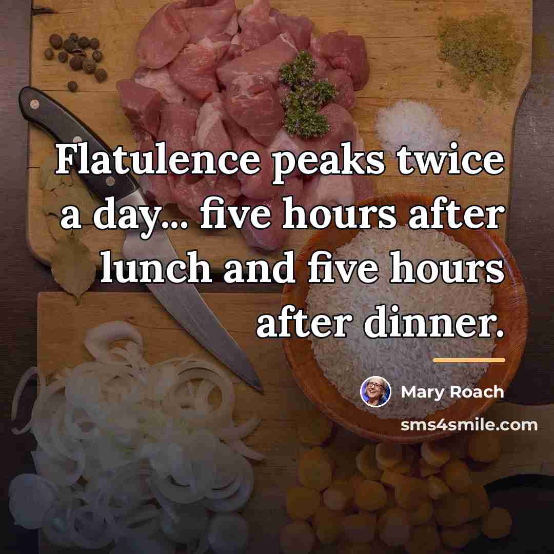 “Flatulence peaks twice a day... five hours after lunch and…” quote by Mary Roach