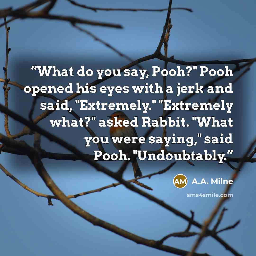“What do you say, Pooh?" Pooh opened his eyes with a jerk and said, "Extremely." "Extremely what?" asked Rabbit. "What you were saying," said Pooh. "Undoubtably.” quote by A.A. Milne